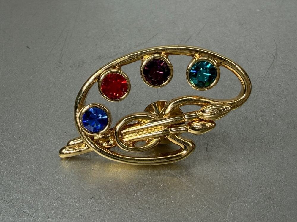 VTG Art Paint Pallet Brushes Lapel Pin Brooch Gold Color Jeweled Avon